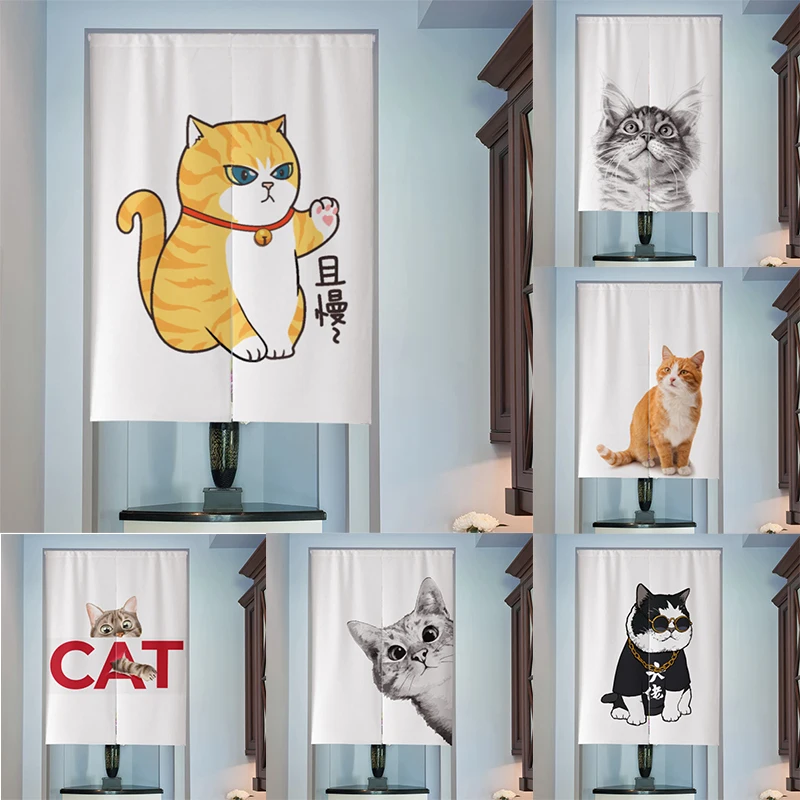 

Black And White Printed Cat Cotton Linen Door Curtain Bedroom Partition Curtain Kitchen Half Panel Curtain Blackout Curtain