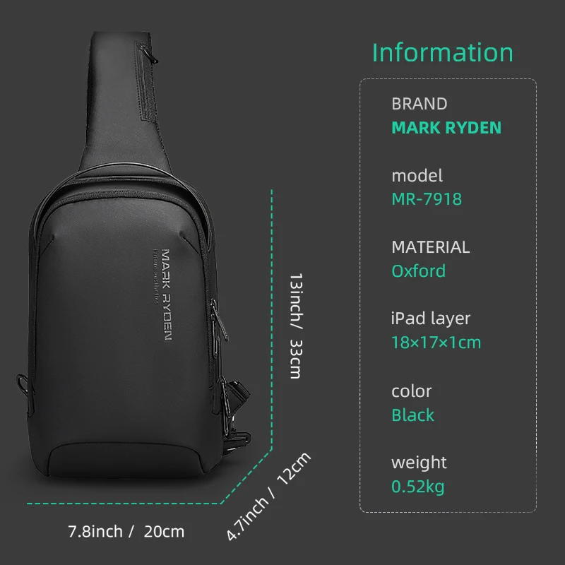 Mark Ryden Men Travel Shoulder Bag Water-repellent Sports Chest Bag Anti-theft Crossbody Bags USB Charging Messenger Bag