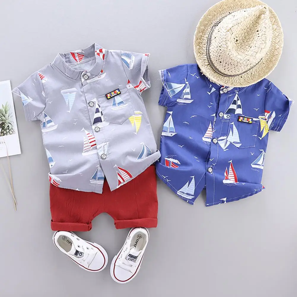 

2Pcs/set Baby Suit Boy Shirt + Shorts Sailing Bird Stand Collar Short Sleeve for 0 - 4 Years Old Kids Boys Short Set