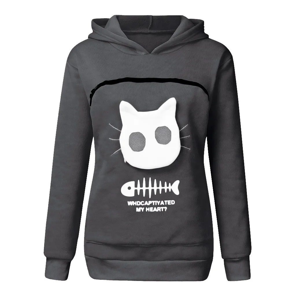 Dark Gray Женская толстовка мешок с нарисованным животным капюшоном топы переноска кошка дышащий пуловер кошка одежда для женщин - Цвет: Dark Gray