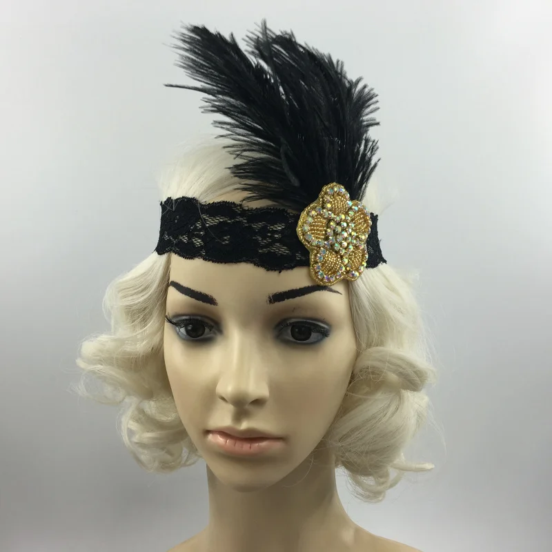 Винтажная блестящая перьевая повязка на голову Хлопушка 1920s черные вечерние Charleston Browband