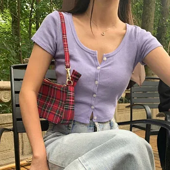 

Summer sexy Tee tops women ladies solid plain button up crop tops Short sleeve V Neck Slim T Shirt Club Cardigan Split Top 2020