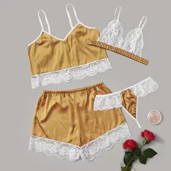 

Women's Sleepwear Sexy Pajama Set4PC New Women Lace Stain Lingerie Camisole Wireless Bra Shorts Thong G-string Pajamas Set