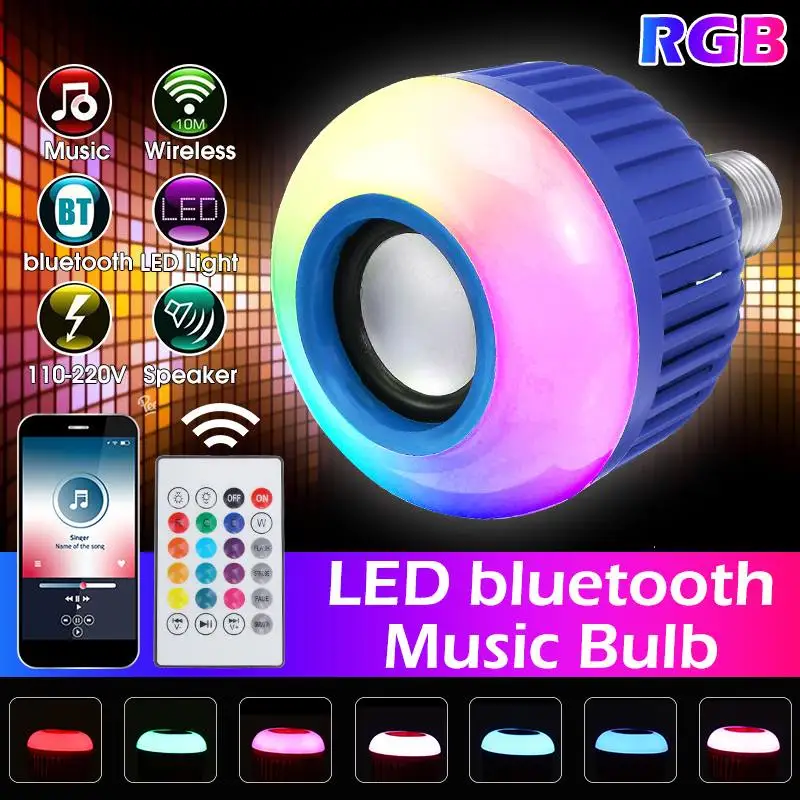 Профессиональный E27 RGB беспроводной bluetooth динамик светодиодный светильник 12 Вт Музыка Воспроизведение Диммируемый светодиодный светильник с 24 клавишами дистанционного управления