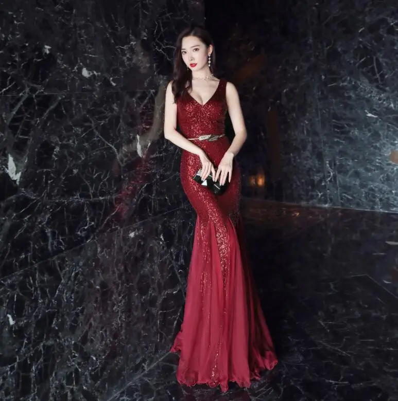 AE478 Robe De Soiree сексуальные с v-образным вырезом Длинные элегантные вечерние платья Русалка присборенные вечерные одежды без рукава Винтаж - Цвет: Бургундия