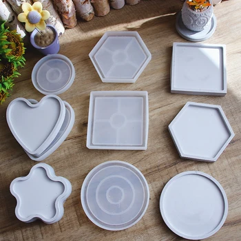 

New Hexagon Coaster Concrete Tray Silicone Mold Round Square Candlestick Plaster Base Tray Mould Cement Flowerpot Pedestal Molds