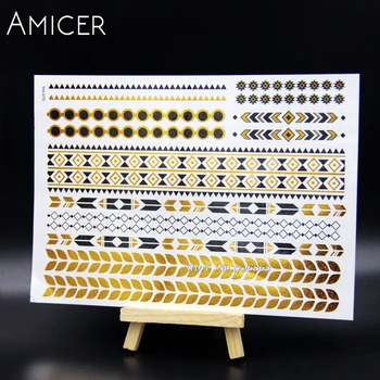 

Body Art Temporary Tattoos Gold Flash Metallic Tattoo Arm Sleeves Sticker Henna Women Jewelry Waterproof For Rock Black