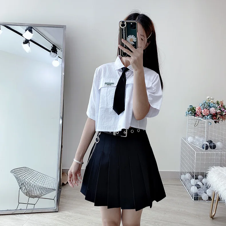 brown skirt High Waist Solid Pleated Skirts Woman Harajuku Belt Chic A-Line Skirt Woman's Retro Simple Black Mini Skirt Women Summer 2021 silk skirt