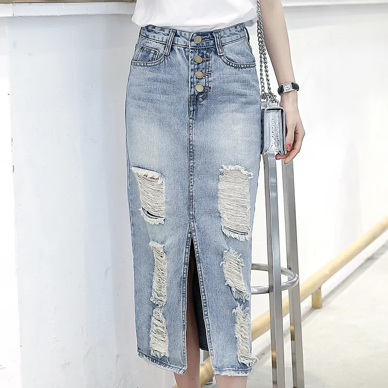 

2019 Explosions Cowboy Half-length Skirt with Long Holes, Knee-high Wrap-up Skirt Joker Front Split Skirt Slim Step Skirt