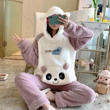 

New 2 Pieces Women Winter Pajama Sets Cute Cartoon Long Sleeve Hooded Sleepwear Fashion Ladies Warm Pyjama Suit Home Clothes