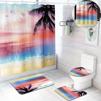 

Shower Curtain Waterproof Polyester Fabric Bathroom Curtain Sets Mildew Proof Sea Beach Bath Screen Decor with 12 Hooks DW066