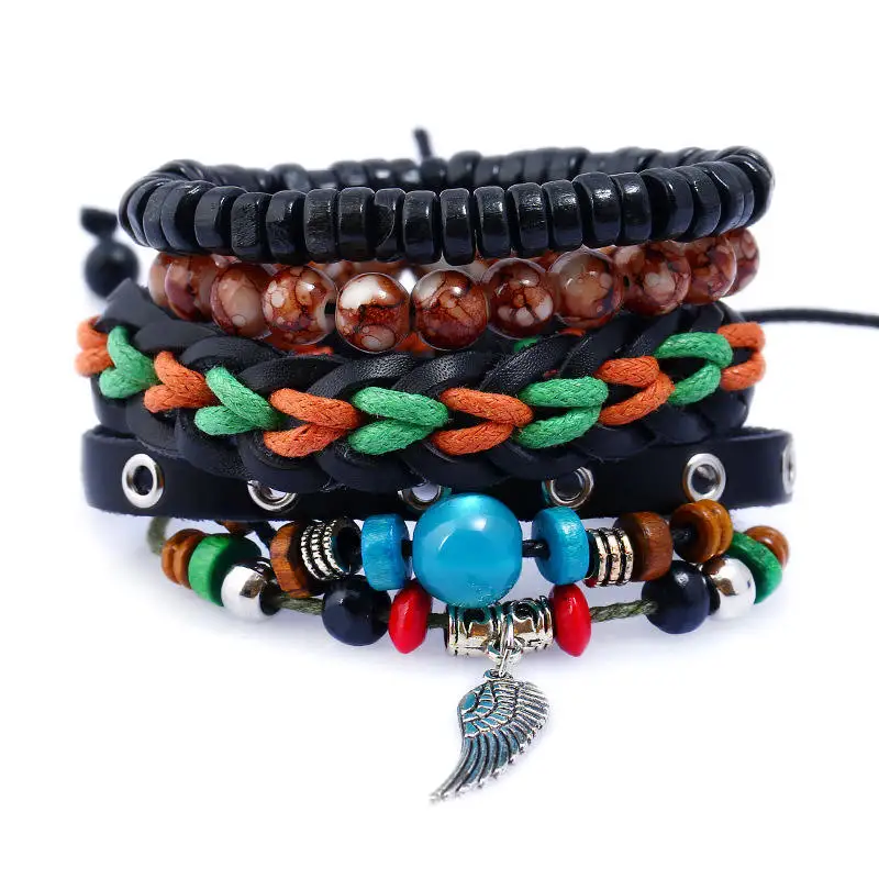 

New unisex bracelet with multi-layer beaded DIY wing woven leather punk fashion