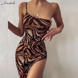 Macheda Vestido largo informal de verano para mujer, prenda con un hombro al descubierto, sin mangas, estampado, para fiesta y Club