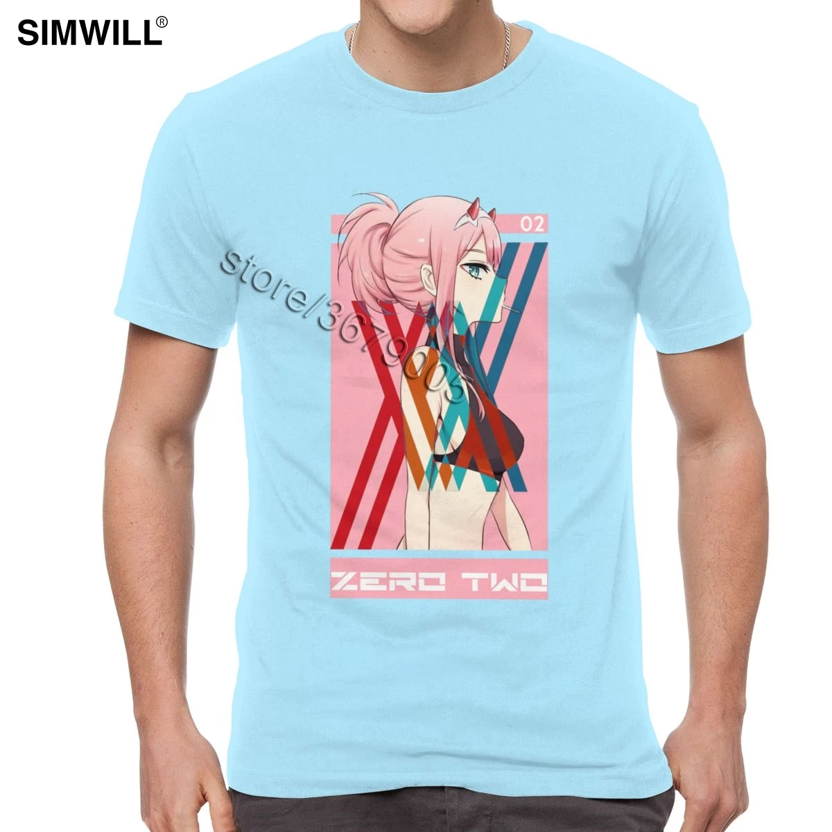 Футболка Darling In The Franxx, мужская, хлопок, Zero Two, футболки, короткий рукав, круглый вырез, модная, аниме, веер, футболка - Цвет: Небесно-голубой