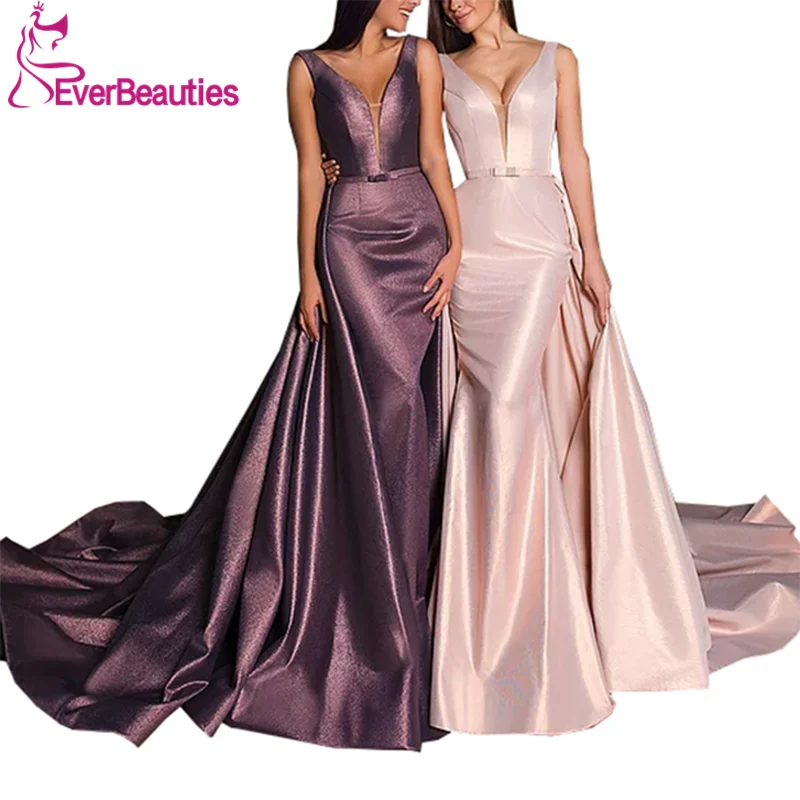 Mermaid Prom Dresses Vestidos De Gala Shiny Satin Formal Party Dresses V-Neck Long Train Robe De Soiree