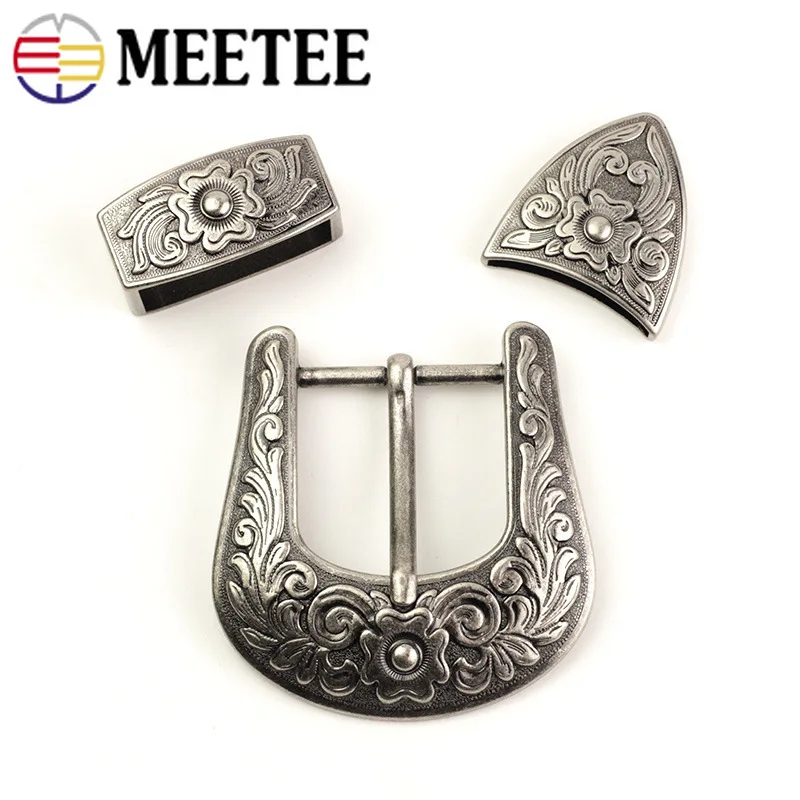 Meetee 1/2 комплекта(1 комплект+ 3 шт.) 38 мм Ретро три части ремня Пряжка AntiqueSilver металлический костюм булавка пряжка голова DIY кожевенное ремесло аксессуар