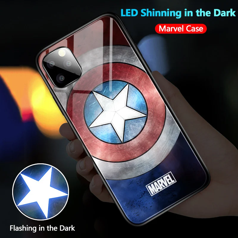 For iPhone XS Max XR 11 Pro Cases LED Flashing Marvel Avengers Ironman Casing Tempered Glass Cover Case For iPhone 6 6S Plus 7 8 - Цвет: Captain American