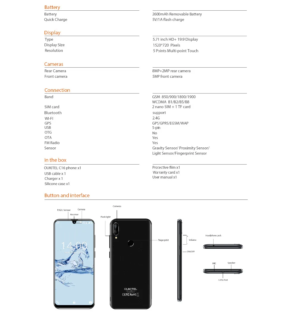OUKITEL C16 5,7" Android 9,0 19:9 экран капли воды мобильный телефон MT6580P 2 Гб ram 16 Гб rom смартфон Двойная Задняя камера мобильный телефон