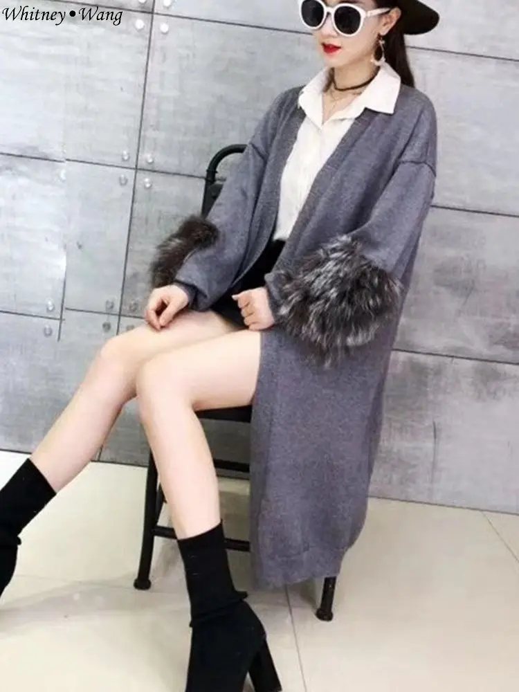 Серый WHITNEY WANG осень зима мода уличная натуральный Лисий мех лоскутное длинный кардиган женский свитер Sueter mujer invierno - Цвет: Серый