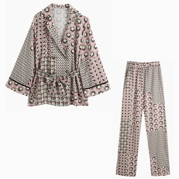 

Vintage Women Blouse and Pant Autumn 2020 New Fashion Geometric Lattice Kimono Shirt Long Pants Female 2 Pieces Set
