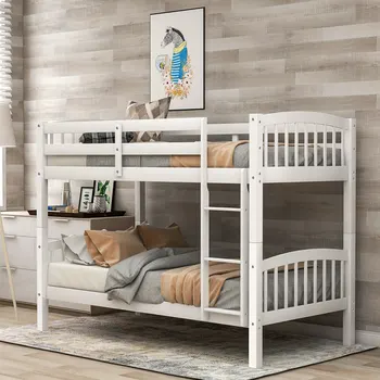 

Solid Wooden Twin Over Twin Loft Bunk Bed Strong Sturdy Frame For Adults Kids Separable Safe Sleeping Bed With Slat Ladder