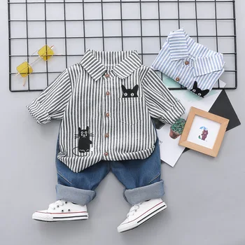 

Toddler Boys Clothing Set Children's Clothing Boy Spring Autumn Casual Suit Fashion Cartoon Cat Striped Shirt + Jeans 2PCS Suit
