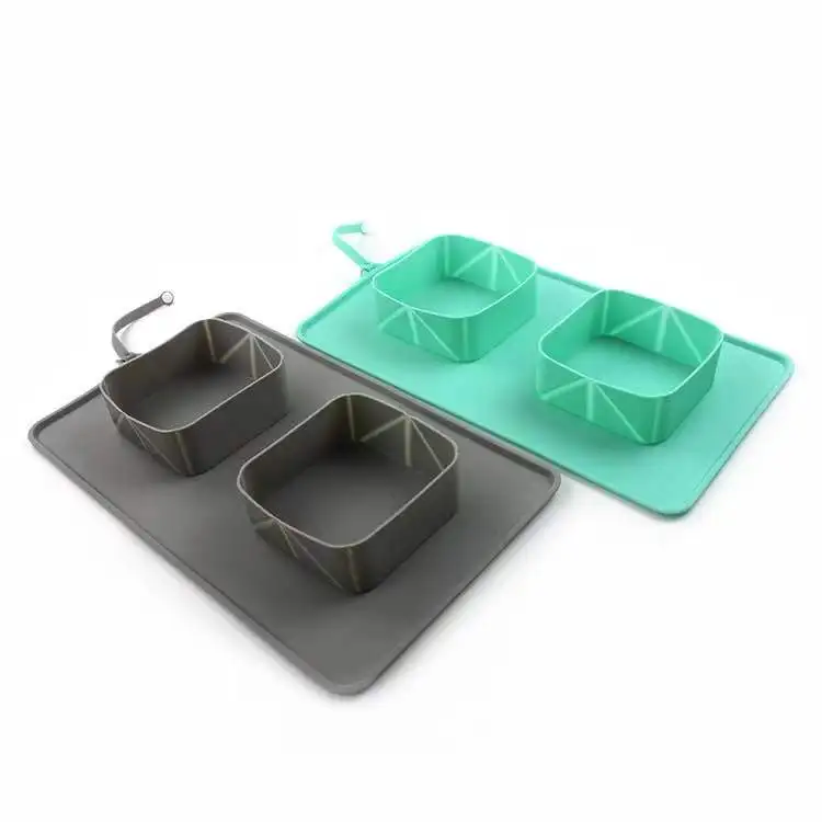 CONG FEE Pet Dog Food Water Double Bowl Travel Collapsible Silicone Non-Skid Mat Dish Cup