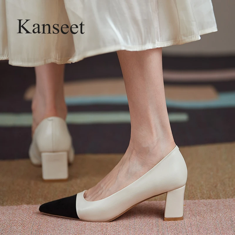 

Kanseet High Heels Real Leather Slingbacks Shoes Women Pointed Toe Pumps Thick Heel Shoe Brand Design Lady Footwear 2021 Size 40