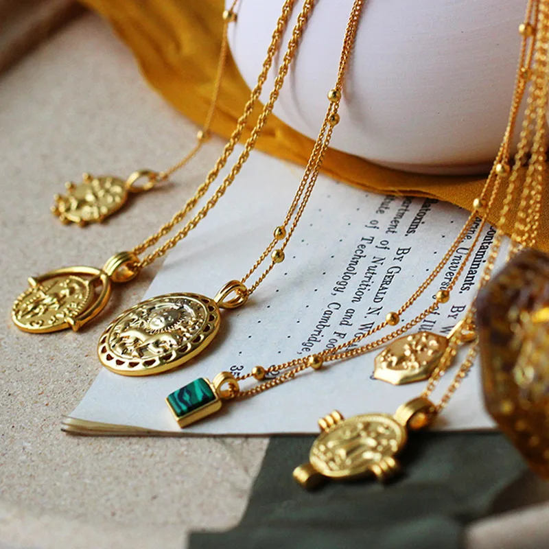 HF JEL, винтажное ожерелье с резной монетой для женщин, модное Золотое серебряное ожерелье с медальоном, Трендовое длинное ожерелье с подвеской, ювелирные изделия в стиле бохо