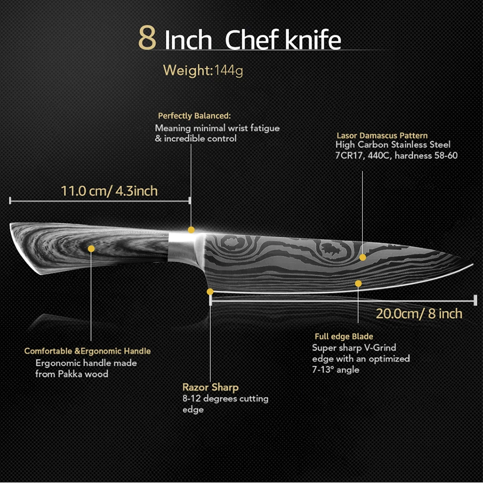Кухонный нож, китайские поварские ножи, 7CR17 400C, нержавеющая сталь, pakka, деревянная ручка, универсальный нож, нож для овощей, мяса, инструмент для приготовления пищи