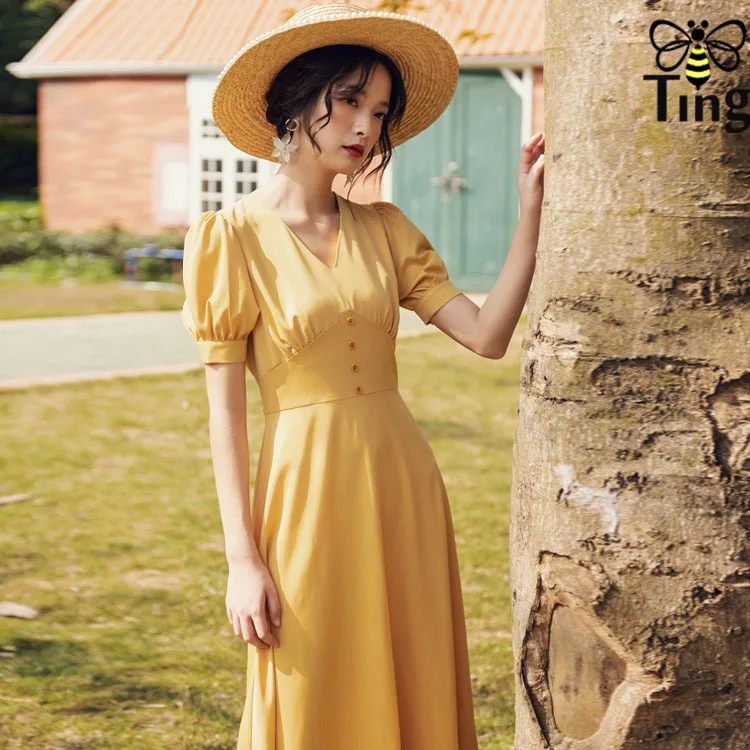 Tingfly 80S Herburn винтажное яркое желтое платье трапециевидной формы миди элегантное платье с высокой талией для вечеринок офисное летнее платье шик