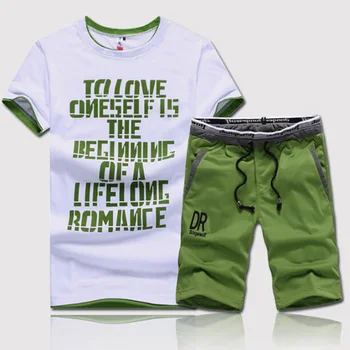 

Summer 2 Piece Men's Set Fitness Clothes Man Casual O-neck Letters Printed T-Shirt+ Drawstring Shorts Man Fitness Set