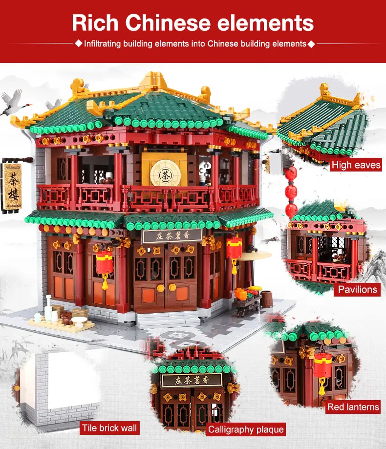 DHL XB01021 MOC, китайский стиль, Строительный набор чайного домика, строительные блоки, кирпичи, детские игрушки, подарки на Рождество и день рождения
