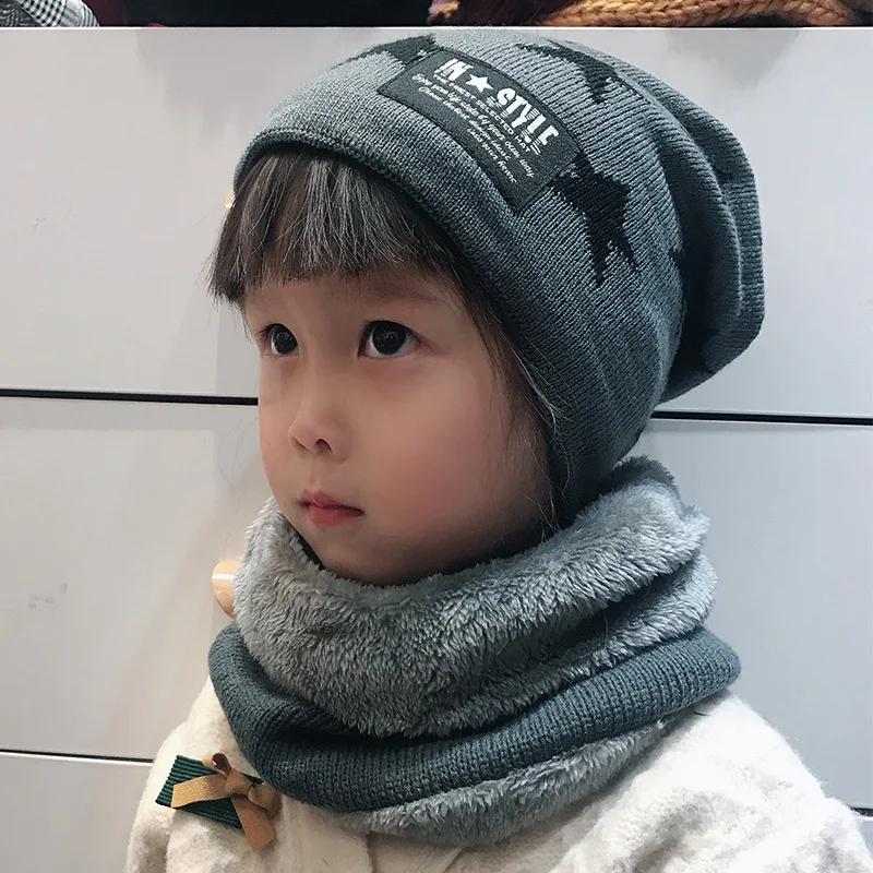 Новый Зимний комплект с шарфом и шапочкой для мальчиков и девочек, милая модная детская шапка, Хлопковый вязаный комплект с шапочками и