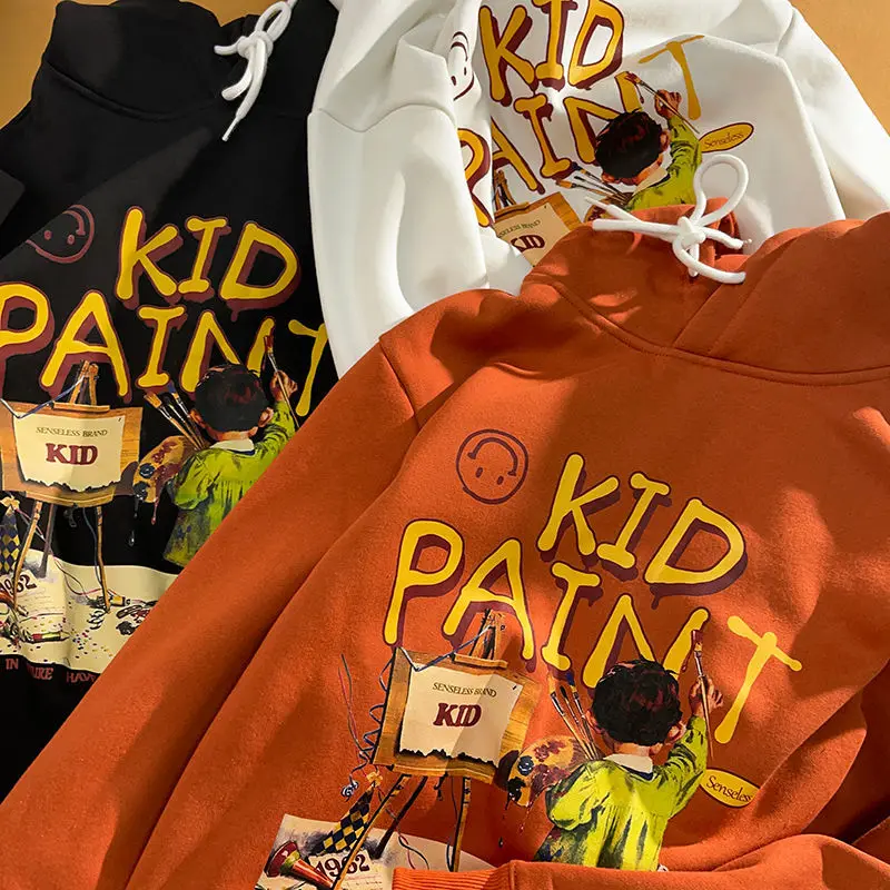 

National Tide Retro Oil Painting Kids Print Hooded Sweater Women 2021 Winter New Harajuku Vintage Style Loose Oversized Clothes