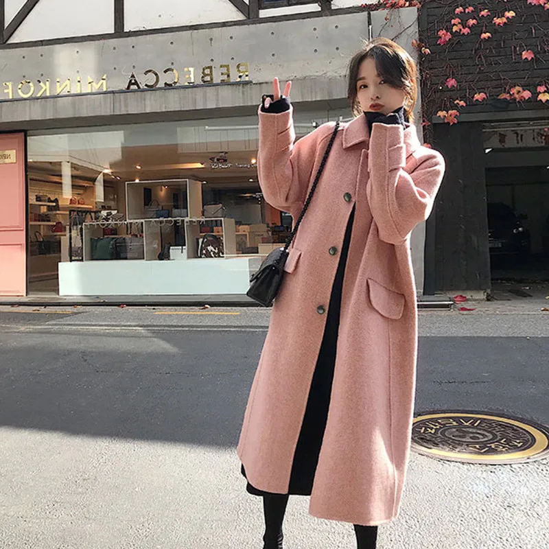 

U-SWEAR Women Cashmere Long Coat Elegant Turn Down Collar Pink Woolen Coat Covered Button Design Winter Warm Coat Casaco Feminin