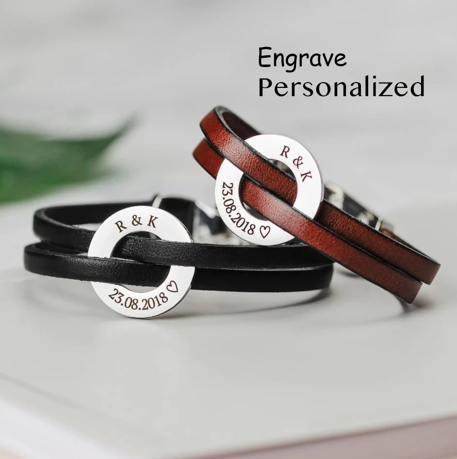 

Colorful Genuine Leather Magnet Bracelet Jewelry Customized Date Name Logo Circle Bangles for Women Men Lovers Gifts SL-140