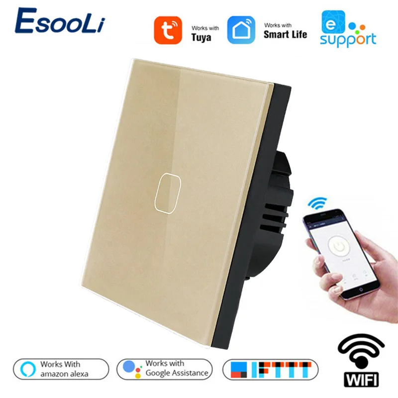 Esooli Tuya/Smart Life/ewelink wifi 1 банда 1 способ переключатель Хрустальная стеклянная панель Сенсорный настенный выключатель Умный дом Автоматизация беспроводной