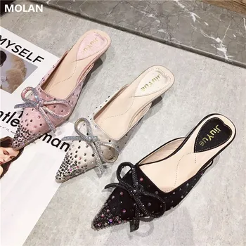 

MOLAN Brand Designers 2020 New Fashion Luxury Bling Crystal Butterfly-knot Transparent Heels Ladies Pumps Slip On Loafers Mules