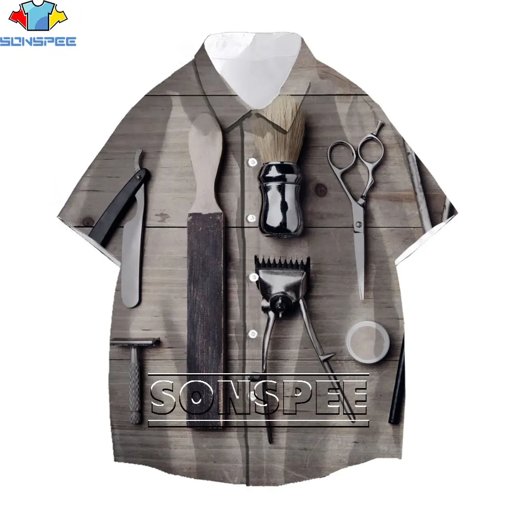 SONSPEE 3D Scissors Printed Shirt Barber Retro Art Campus Style Casual Top Japanese Harajuku Clothing Oversize Breathable Trend