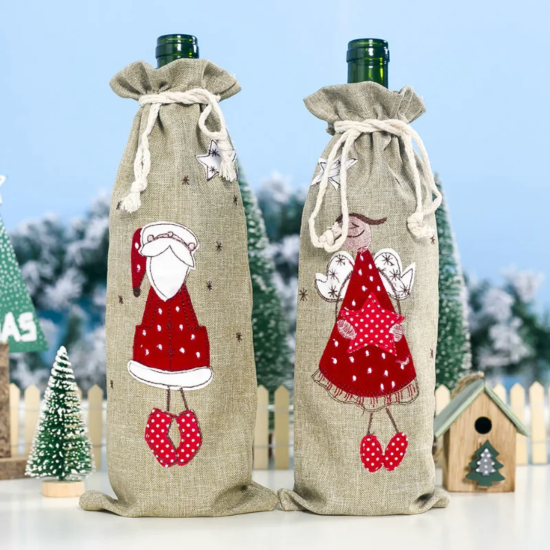 

Linen Embroidered Angel Christmas Wine Bottle Cover Wine Sleeve Champagne Dress Wine Bags Christmas Decorative Table Decor