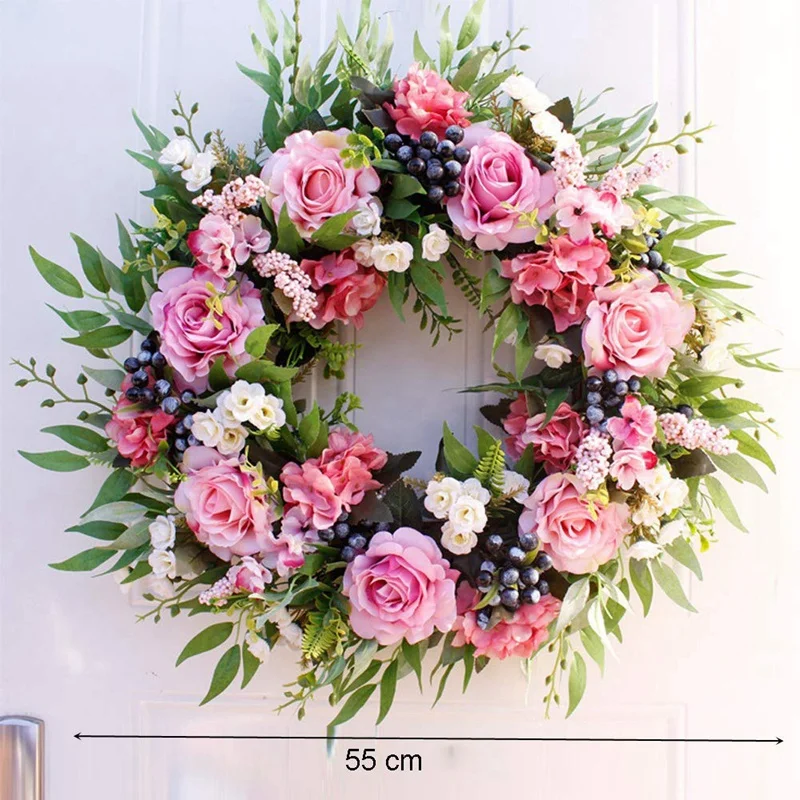 55cm Rose Wreath, Large Rustic Farmhouse Decorative Artificial Flower Wreath, Faux Floral Wreath for Front Door Window Wedding O