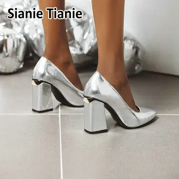 

Sianie Tianie new block sexy high heels gold silver shoes patent PU leather shiny runway stilettos women pumps big size 33-47