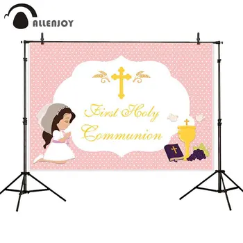 

Allenjoy Pink Photobooth First Holy Communion Polka Dots Girl Bless Ceremony Event Background Cloth Princess Party Backdrops