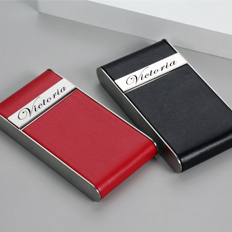 Elegant Red and Black Slim Cigarette Case - Stainless Steel with PU Leather Finish, Personalized Logo Option, Stylish Smoking Accessory