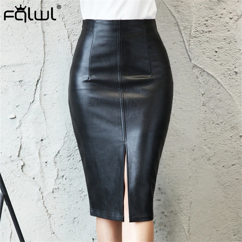 FQLWL черная юбка миди с разрезом, Женская юбка с высокой талией из искусственной кожи, Женская Осенняя офисная Сексуальная облегающая юбка-карандаш - Цвет: Черный