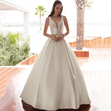 

Eightree Sexy Appliques Wedding Dresses V-Neck Satin A-Line Bride Dress Sleeveless Floor Length Wedding Evening Gowns Plus Size