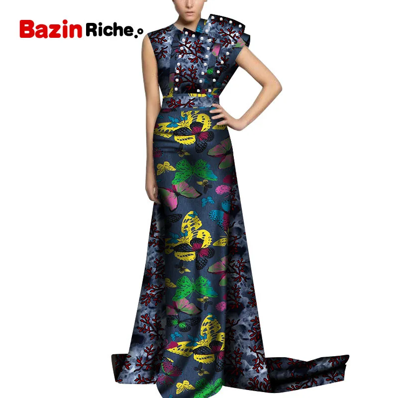 Новые Bazin Riche Африканские свадебные платья для женщин Дашики печати жемчуг Платья для вечеринок Vestidos африканская одежда для женщин WY5152