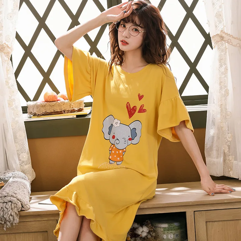 

Plus size 3XL Women Causal Sleepwear Sexy autumn cotton pink Cartoon printed Pijamas Ladies Nightgown Princess Style Nightdress