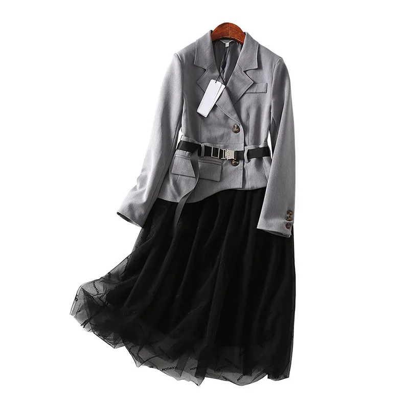 

One's Versatile Belt Waist Hugging Mock Two-Piece Joint Suit Mesh Dress Women's Entity